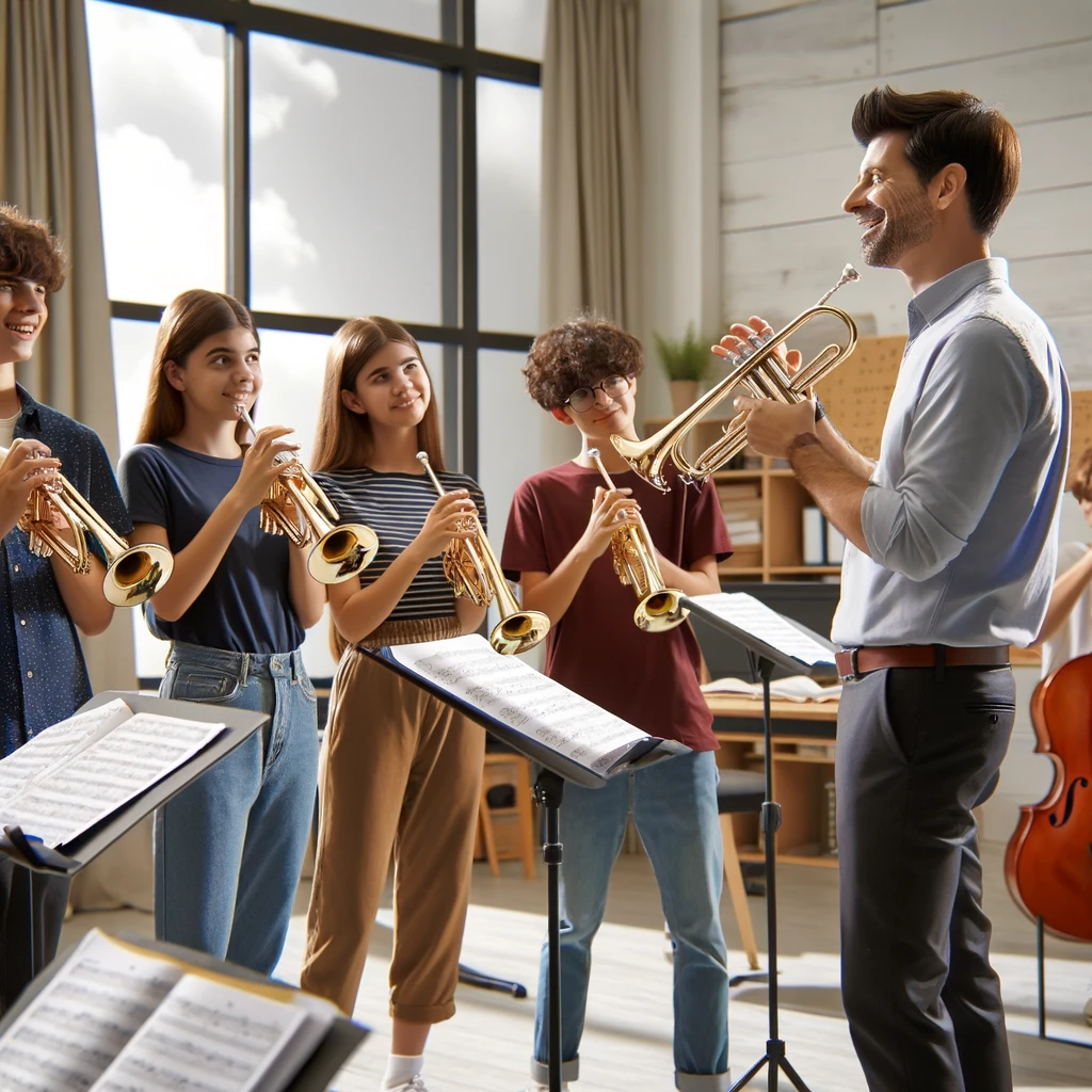 Music teacher instructing and conducting