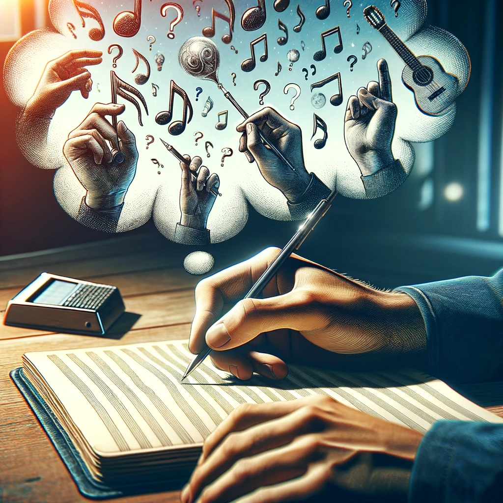 03-16-24 2 – visual of a hand writing in a journal, with thought bubbles containing musical notes, a metronome, and a question mark symbolizing technique analysis and problem-solving journaling to make a plan