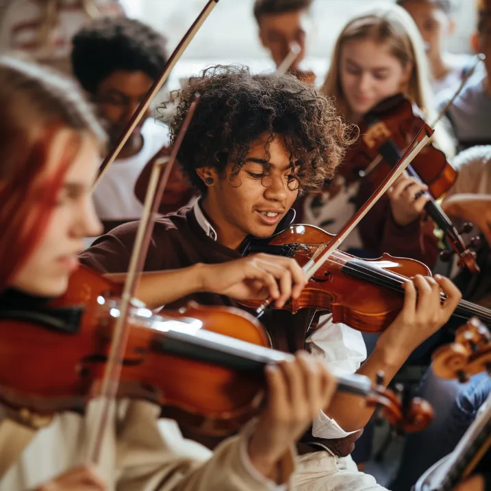 03-31-24 6 rs – Inspirational image of a diverse group of students playing instruments together, symbolizing the power of music to unite and transform lives inclusive music education power-of-music-to-unite