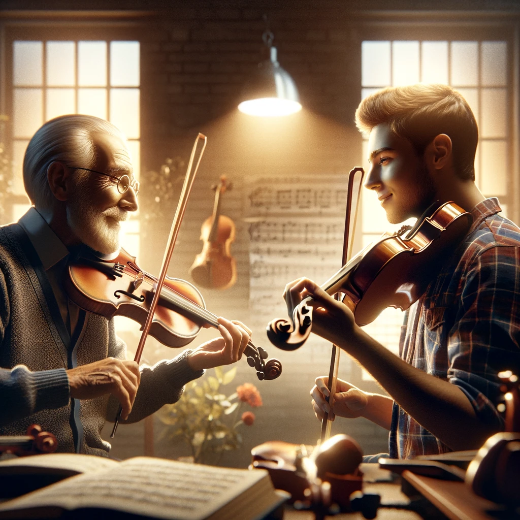2b- Image of a music teacher and student having a back-and-forth musical conversation teaching each other music theory and practice