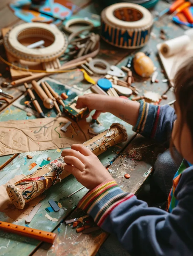 2.0 Child engaged in a music-related craft project, such as making a homemade instrument or creating musical-themed artwork homesschool child enjoying music activities