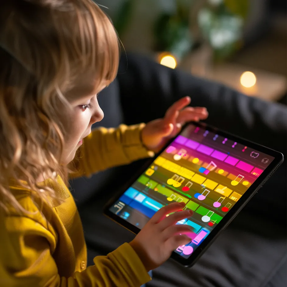 3.0 Child using a music composition app on a tablet, with colorful notes and symbols on the screen learning music with an app on a tablet, homeschool music curriculum