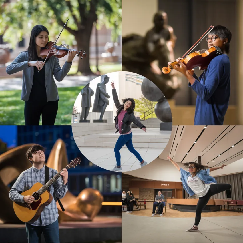 a-collage-of-students-performing-in-various-unexpe- Multiple images of student musicians performing in diverse community venues